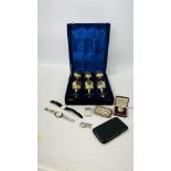 CASED SET OF SIX SILVER PLATED GOBLETS, 2 WATCHES, SILVER INGOT, CIGARETTE CASE,
