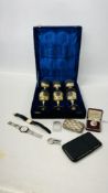 CASED SET OF SIX SILVER PLATED GOBLETS, 2 WATCHES, SILVER INGOT, CIGARETTE CASE,