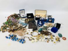BOX OF ASSORTED COSTUME JEWELLERY AND BEADS, INDIAN WHITE METAL NECKLACES,