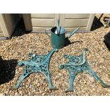 A PAIR OF ORNATE CAST METAL BENCH ENDS AND VINTAGE WATERING CAN