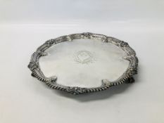 ANTIQUE SILVER SALVER, BEARING INITIALS E.C. ON A BALL AND CLAW FOOT DEPTH 34CM.