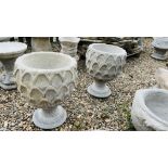 A PAIR OF STONEWORK PINEAPPLE DESIGN PEDESTAL GARDEN PLANTERS DIAMETER 40CM, HEIGHT 50CM.