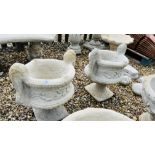 A PAIR OF STONEWORK TWIN HANDLED PEDESTAL GARDEN PLANTERS HEIGHT 55CM.