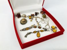 COLLECTION OF SILVER AND WHITE METAL JEWELLERY SET MAINLY WITH AMBER TO INCLUDE RINGS,