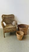 A VINTAGE WICKER ARM CHAIR ALONG WITH TWO WICKER BASKETS