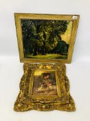GILT FRAMED PICTURE "FARMYARD SCENE" AND FRAMED OIL ON BOARD BEARING SIGNATURE R.