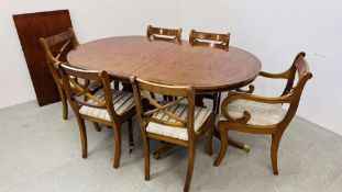 REPRODUCTION EXTENDING DINING TABLE ALONG WITH A SET OF FOUR DINING CHAIRS AND 2 CARVERS