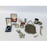 BOX OF COLLECTIBLE SILVER AND WHITE METAL ITEMS INCLUDING A SILVER PAGE MARKER AND CUFF LINKS