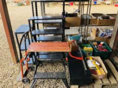BLACK AND DECKER WORKMATE, TWO METAL FOUR TIER WORKSHOP SHELVES, PLASTIC THREE TIER WORKSHOP SHELF,