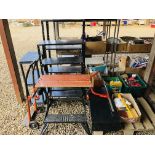 BLACK AND DECKER WORKMATE, TWO METAL FOUR TIER WORKSHOP SHELVES, PLASTIC THREE TIER WORKSHOP SHELF,