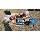 12 X BOXES OF ASSORTED HOUSEHOLD LINEN, HANDBAGS AND PURSES, WOOL, SHOES AND CURTAINS,