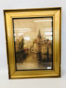 GILT FRAMED WATERCOLOUR CONTINENTAL CANAL SCENE BEARING SIGNATURE L. BURLEIGH BRUHL HEIGHT 53CM.