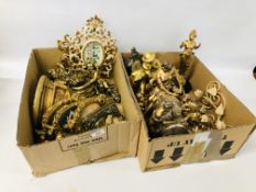 TWO BOXES OF ASSORTED GILT FINISH ORNAMENTS, WALL SHELVES, PICTURE FRAMES AND CLOCKS, ETC.