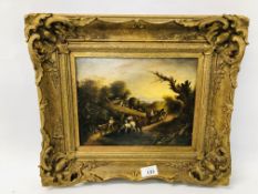 GILT FRAMED OIL ON BOARD "HORSE AND CART CROSSING RIVER" UN-SIGNED 26CM. X 20CM.