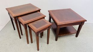 A NEST OF THREE MAHOGANY FINISH GRADUATED OCCASIONAL TABLES ALONG WITH A MATCHING LAMP TABLE
