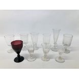 A GROUP OF 10 MAINLY VICTORIAN DRINKING GLASSES INCLUDING FLUTE RUMMERS, ETC.