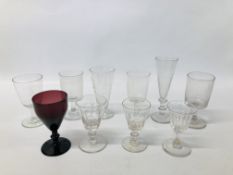 A GROUP OF 10 MAINLY VICTORIAN DRINKING GLASSES INCLUDING FLUTE RUMMERS, ETC.