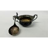 SILVER DUTCH EMBOSSED CADDY SPOON, SILVER TWO HANDLED SUGAR BOWL, LONDON ASSAY.