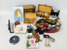 BOX OF ASSORTED COSTUME JEWELLERY, JEWELLERY BOX AND CONTENTS,
