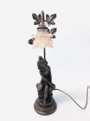 DECORATIVE TABLE LAMP CHILD UPON A BRICK WALL, WITH A PALE PINK GLASS SHADE - SOLD AS SEEN.
