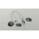 3 X VINTAGE ENAMELLED BROOCHES ALONG WITH SILVER ENAMELLED WOODPECKER PENDANT ON A FINE SILVER