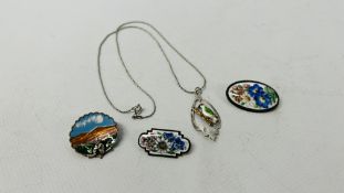 3 X VINTAGE ENAMELLED BROOCHES ALONG WITH SILVER ENAMELLED WOODPECKER PENDANT ON A FINE SILVER