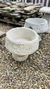 A PAIR OF STONEWORK SHALLOW PEDESTAL GARDEN PLANTERS DIAMETER 40CM, HEIGHT 40CM.