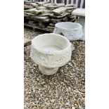 A PAIR OF STONEWORK SHALLOW PEDESTAL GARDEN PLANTERS DIAMETER 40CM, HEIGHT 40CM.