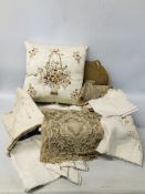 BOX OF ASSORTED LINEN AND LACE TO INCLUDE A CUSHION ETC.