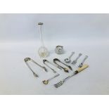 SELECTION OF ANTIQUE SILVER, TO INCLUDE SPOONS, PICKLE FORKS, TONGS, VASES, ETC.