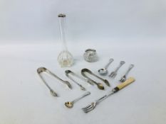 SELECTION OF ANTIQUE SILVER, TO INCLUDE SPOONS, PICKLE FORKS, TONGS, VASES, ETC.