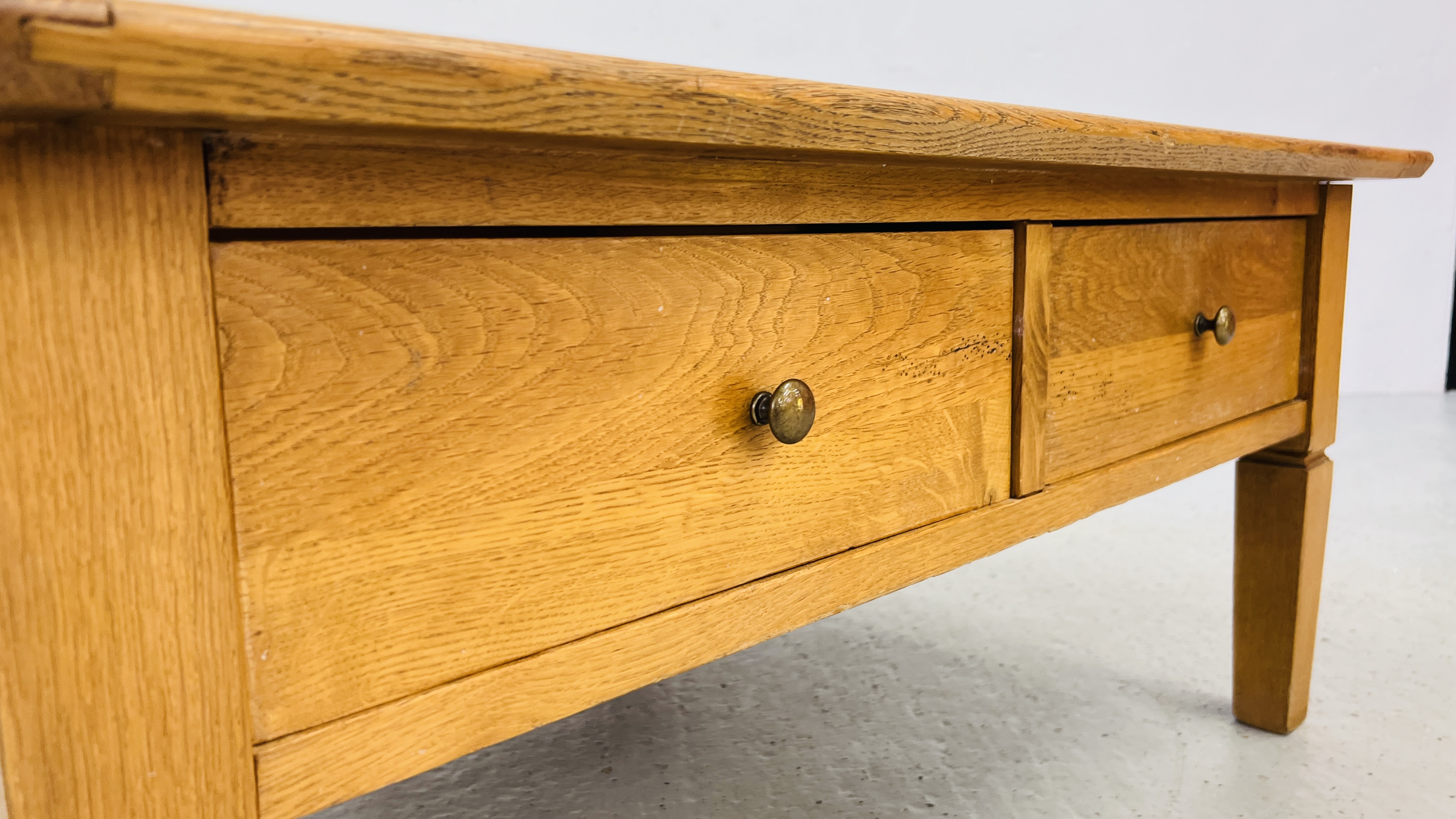 A SOLID OAK TWO DRAWER COFFEE TABLE W 100CM, D 100CM, H 46CM. - Image 8 of 11