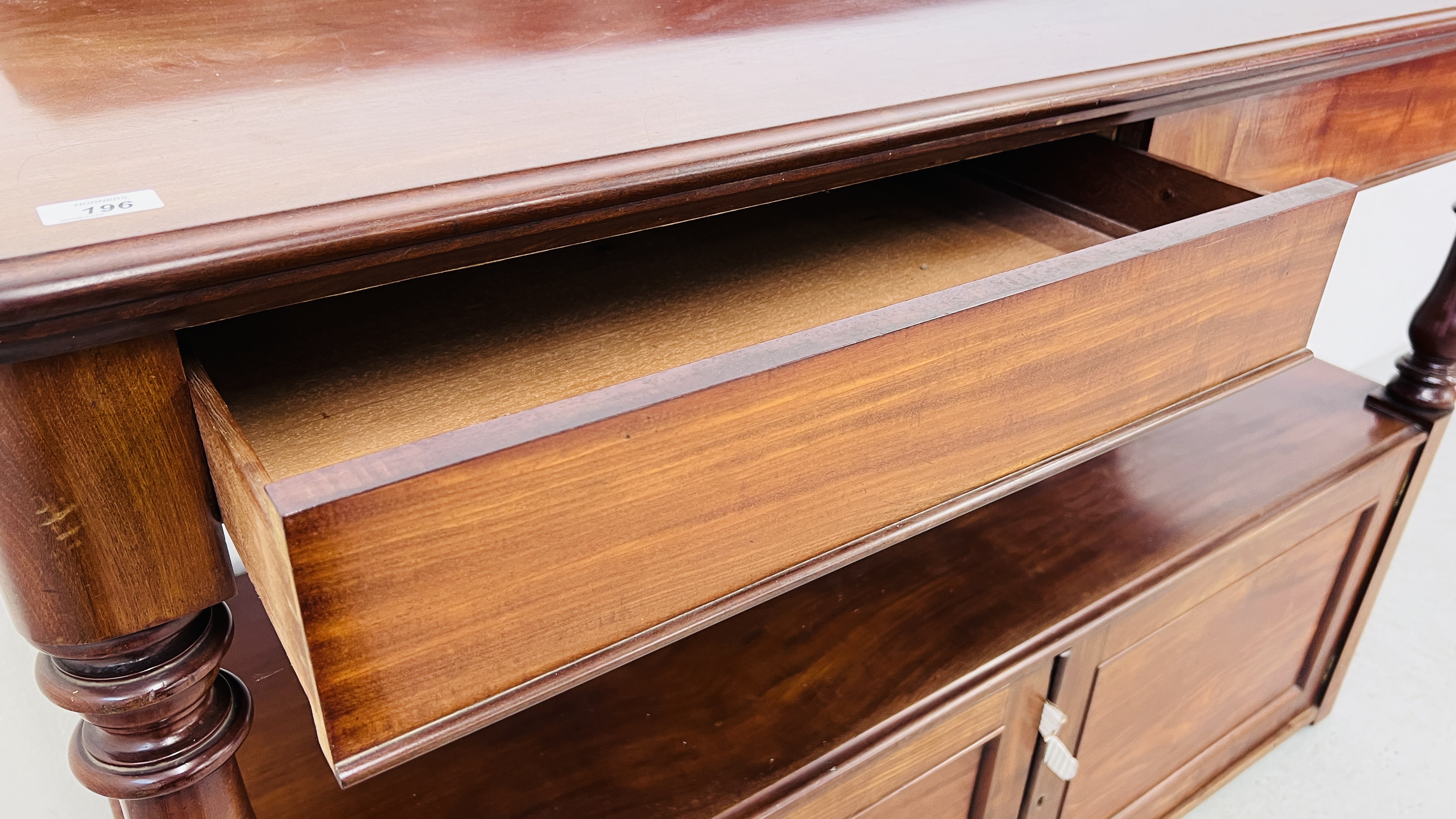 A VICTORIAN MAHOGANY TWO DOOR, TWO DRAWER BUFFET - WIDTH 148CM. DEPTH 53CM. HEIGHT 105CM. - Image 13 of 14