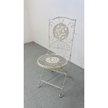 A WHITE PAINTED DECORATIVE FOLDING METALCRAFT GARDEN CHAIR.