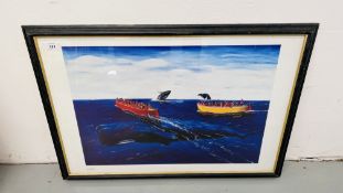 A FRAMED LEWIS "WHALE WATCHING" PRINT 42 X 60CM.