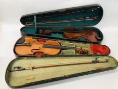 2 X VINTAGE VIOLINS IN FITTED CASE MARKED ANTONIUS STRADUARIUS.