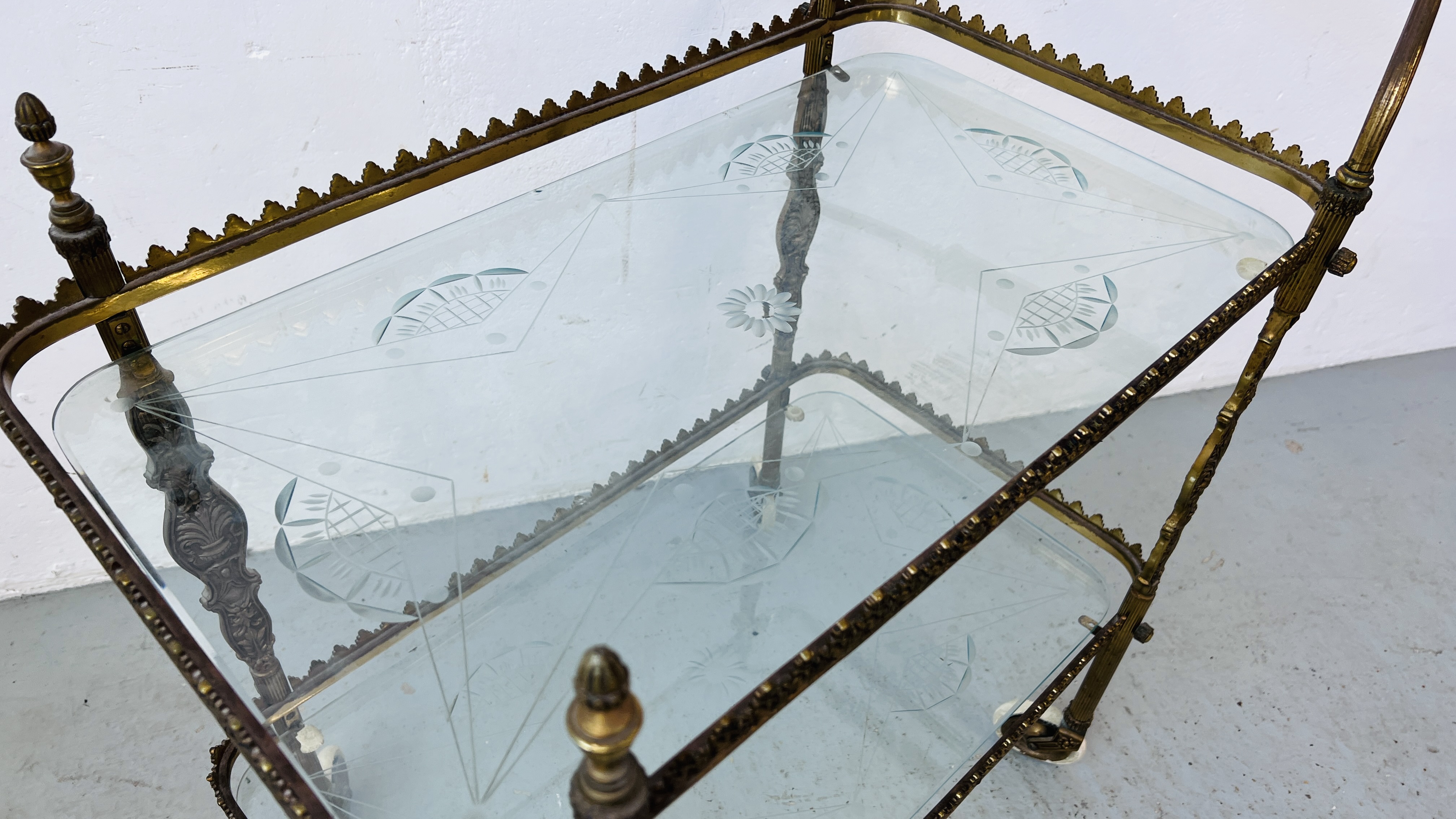 ORNATE BRASSED TWO TIER TROLLEY WITH ETCHED GLASS SHELVES - Image 6 of 7