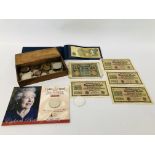 COLLECTION OF ASSORTED COINAGE AND BANK NOTES TO INCLUDE ONE POUND NOTE, ETC.