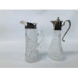 VINTAGE MOULDED GLASS CLARET JUG ALONG WITH A CUT GLASS JUG,