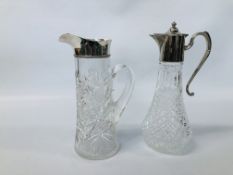 VINTAGE MOULDED GLASS CLARET JUG ALONG WITH A CUT GLASS JUG,