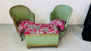 LLOYD LOOM STYLE BLANKET BOX AND PAIR OF MATCHING BEDROOM CHAIRS.