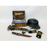 VINTAGE INLAID WORKBOX TO INCLUDE US M8 MILITARY KNIFE AND SHEATH AND ONE OTHER KNIFE IN SHEATH,