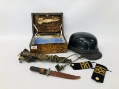 VINTAGE INLAID WORKBOX TO INCLUDE US M8 MILITARY KNIFE AND SHEATH AND ONE OTHER KNIFE IN SHEATH,