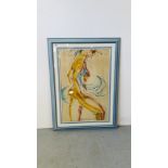 A CONTEMPORARY WATERCOLOUR LIFE STUDY OF FEMALE DANCER, INDISTINCT SIGNATURE - 95 X 61CM,