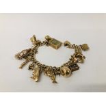 9CT. GOLD CHARM BRACELET WITH SAFETY CHAIN AND PADLOCK CLASP ALONG WITH TWENTY 9CT.