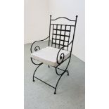 AN IRONCRAFT SIDE CHAIR WITH UPHOLSTERED CUSHION SEAT.
