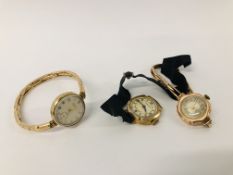 THREE VINTAGE YELLOW METAL CASED LADIES WRIST WATCHES TO INCLUDE ROTARY,