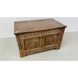 PERIOD OAK COFFER WITH LINEN FOLD DETAIL W 81CM, H 49CM, D 48CM.