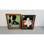 TWO FRAMED REPRODUCTION CIGARETTE ADVERTISING PRINTS MONDIANO AND J0B - EACH 49CM X 39CM.