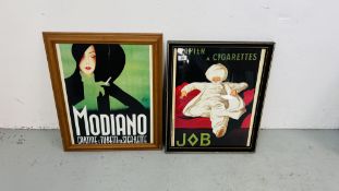 TWO FRAMED REPRODUCTION CIGARETTE ADVERTISING PRINTS MONDIANO AND J0B - EACH 49CM X 39CM.